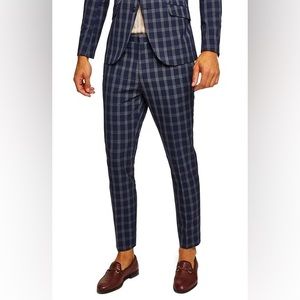 Topman Muscle Fit Check Suit Trousers Navy Blue Plaid Size 28S Dress Pants